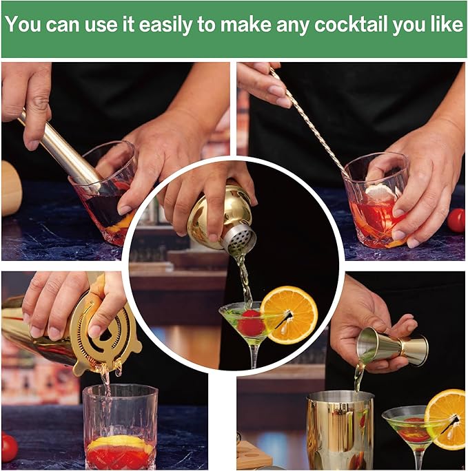 Cocktail Shaker Set Bartender Kit,5 Piece Bar Set Stainless Steel Bar Tools Set for Professional Bartender and Home (Gold, 5-Piece)