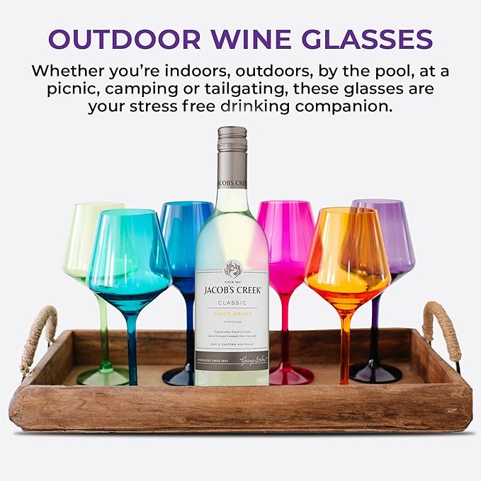 Unbreakable Stemmed Wine Glasses – Colored Wine Glasses Set of 6 Plastic Drinking Glasses Wine, Water – Acrylic Wine Gifts for Birthday Women Party, Stylish Glasses for Parties & Everyday (Jewel)