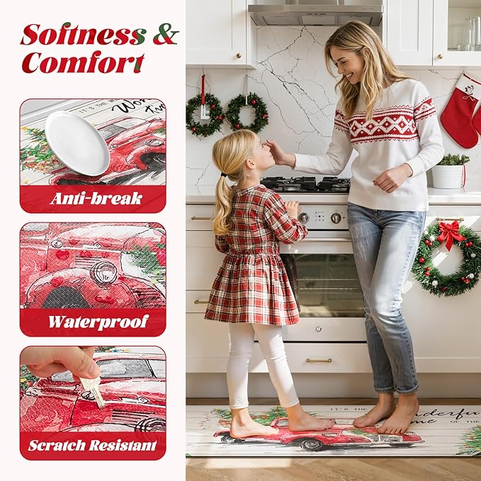 Christmas Truck Xmas Tree Kitchen Mat 2PCS, Cushioned Anti-Fatigue Non Skid Waterproof Kitchen Mats for Floor, Comfort Standing Mat Winter Decor for Office Desk Laundry, 17"x30"+17"x47"