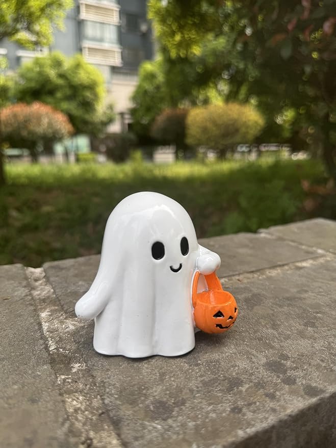 Halloween Ghost Figurine with Pumpkin Bucket, Resin Polished Cute Ghost Statue, Small Tabletop Halloween Ghost Decor for Home, Office, Tiered Tray, Fall Spooky Party Ornament
