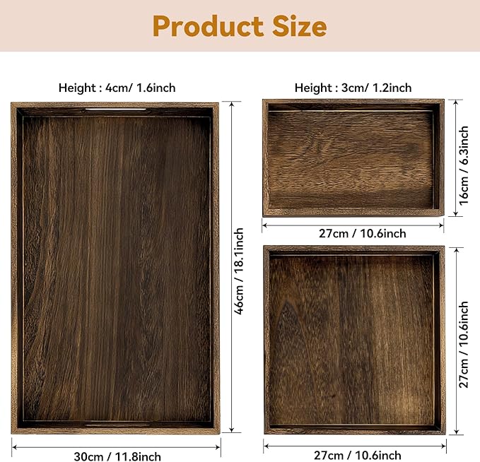 Rustic Wooden Serving Trays with Handle, Serving Platters, Charcuterie Board Set of 3 Nesting Food Trays for Serving Food, Home Decor/Breakfast/Coffee Table/Butler/Ottoman/Bed Tray