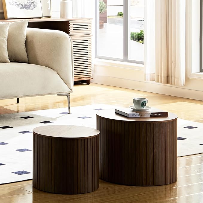 Nesting Coffee Tables Set of 2, Wooden Round Coffee Tables with Storage,Modern Circle Accent End Table Center Table for Small Spaces Living Room Bedroom Balcony Office Drum Side Table,Walnut