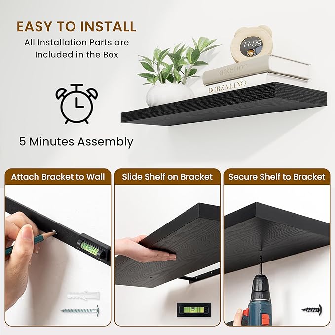 Fun Memories Floating Shelves for Wall, 30 Inch Rustic Wood Wall Mounted Shelves for Bathroom, Bedroom, Kitchen, Living Room, Deep Floating Shelves for Storage & Home Decor (Black, Set of 2)