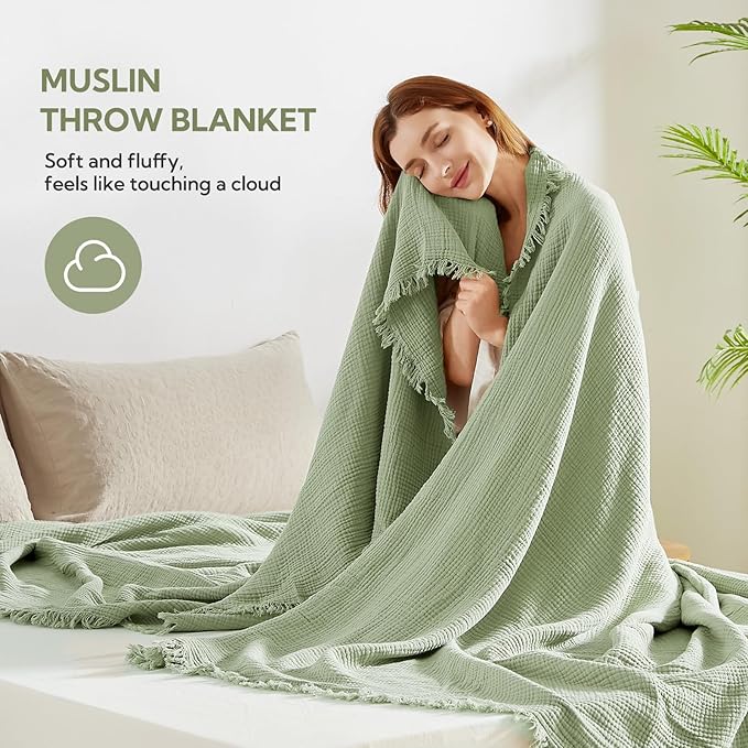 SOULFUL Muslin Throw Blanket with Tassels - Soft King Size Cotton Throw Blanket for Couch or Bed, Lightweight and Breathable Gauze for All Seasons, Grassgreen, 108" x 90"
