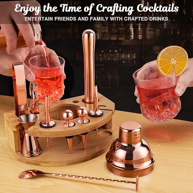 Bartender Kit with Bamboo Stand, 12 Piece 25oz Cocktail Shaker Set with All Essential Bar Tools Set for Drink Mixing, Ideal Gifts for Cocktail Lovers, Home Bar Bartending Kit with Cocktail Recipes