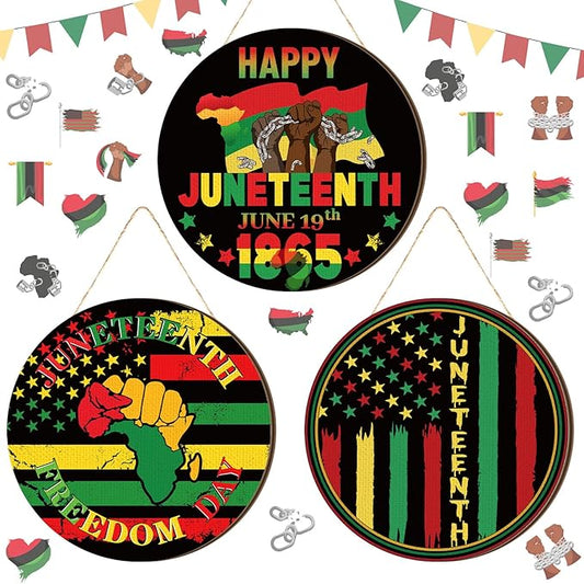 3 Pcs Juneteenth Decoration 12 Inch Juneteenth Wooden Door Sign Africa America Outdoor Decoration June 19th Freedom Memorial Independence Day Hanging Ornament Plaque for Home Front Door Holiday Decor