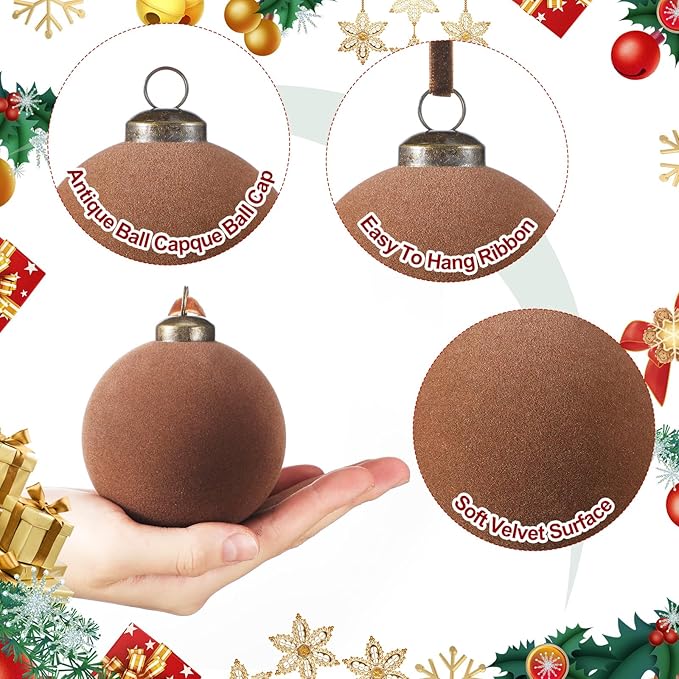 36 Pcs Velvet Christmas Balls Bulk - Flocked Christmas Tree Ball Ornaments Hanging Decoration for Xmas Tree, Wreath, Home or Party Decorations, 2.36", 2.76", 3.15"(Brown)