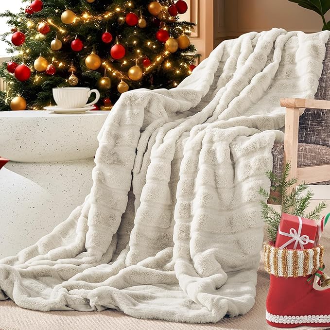 NEXHOME PRO Faux Fur Throw Blanket, Cozy Fluffy Soft Blanket or Couch Sofa Bed Living Room Decorative, Reversible Puffy Thick Warm Blanket for Winter 50"X60" Beige