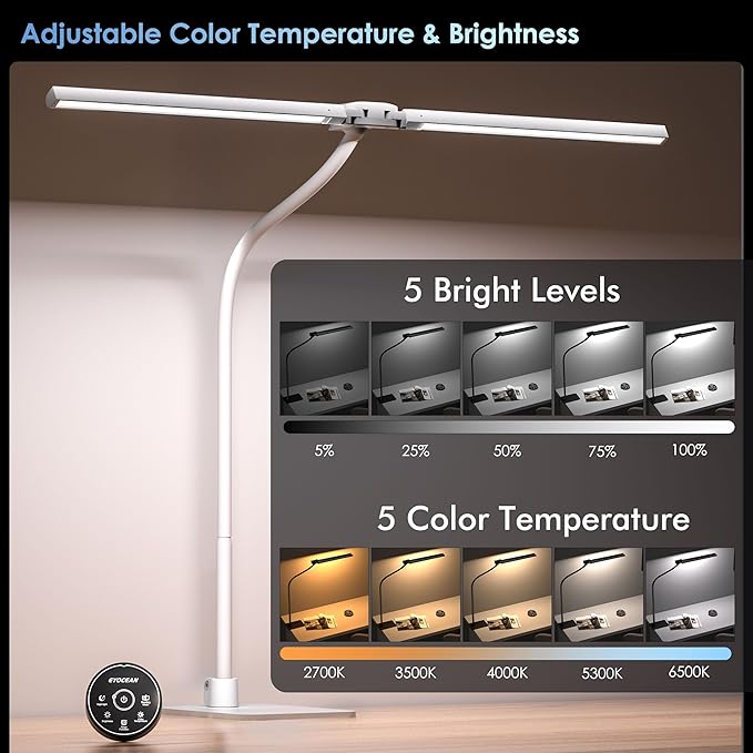 Desk Lamp with Metal Base, 31.5" LED Office Lamp for Home Office, 24W Double Head Desk Light, Dimmable & Color Temperature, Table Lamp with Remote Control, Brightest Computer Monitor Light