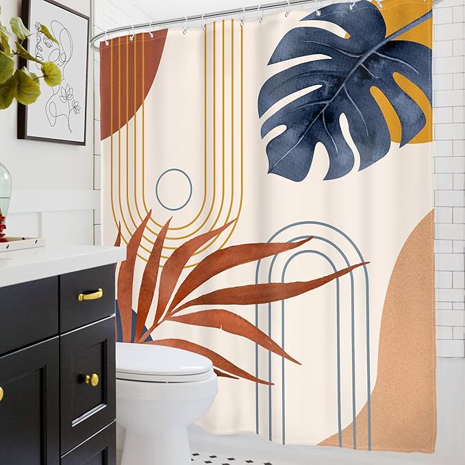 Glawry Abstract Tropical Shower Curtain Watercolor Navy Blue Brown Boho Palm Leaf Simple Minimalist Chic Bathroom Modern Botanical 60Wx72L Inches Bath Accessories Art Home Decor Fabric 12 Pack Hooks
