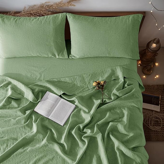 LBRO2M 100% Linen Sheet Set California King Size,Bed Sheets 4 Piece Sets,Solid Color Natural Flax Bed Sheets Soft Breathable Bedding,16" Deep Pocket,All Season (Clifornia King, Green)