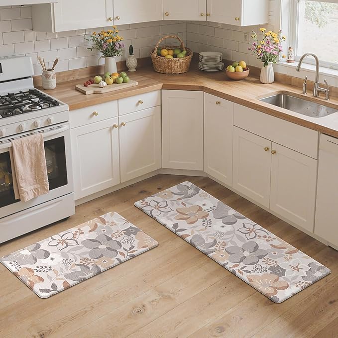 GENIMO Kitchen Mats for Floor 2PCS, Cushioned Kitchen Rugs Non Slip Washable, Farmhouse Anti Fatigue Mat Waterproof, Comfort Standing Mat Rug for Office, Home, Laundry, 17.3"x47"+17.3"x30", Grey