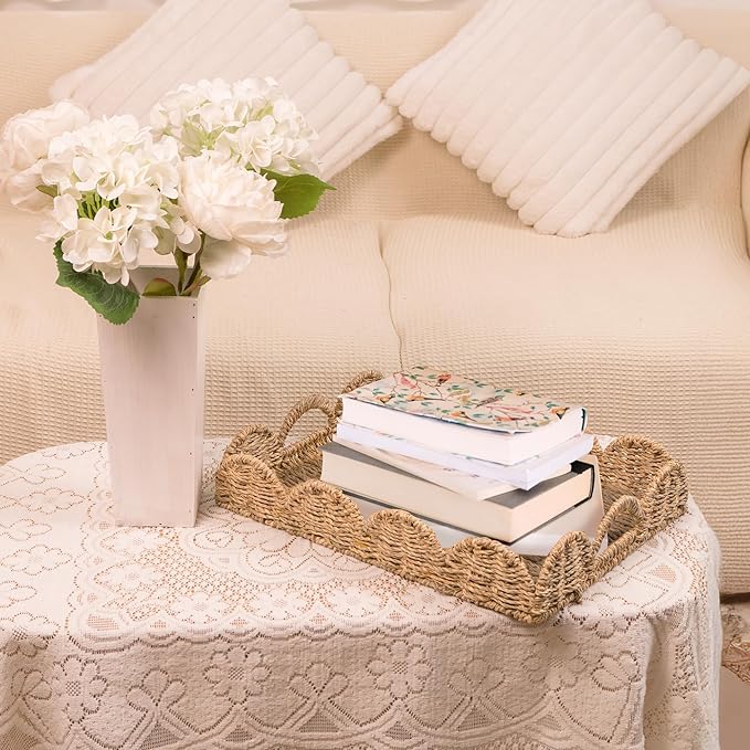 KOKODO Set of 2 Scalloped Wicker Baskets – Handwoven Seagrass Storage Baskets with Handles for Organizing, Bathroom, Living Room & Shelf Décor – Decorative Rattan Organizing Tray