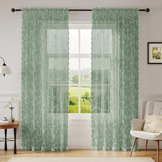 Sage Green Lace Sheer Curtains – Vintage Branch Pattern for Bedroom/Living Room, Light Filtering Rod Pocket Drapes, Privacy Chic Window Treatments, 52W x 96L Inch, 2-Panel Set
