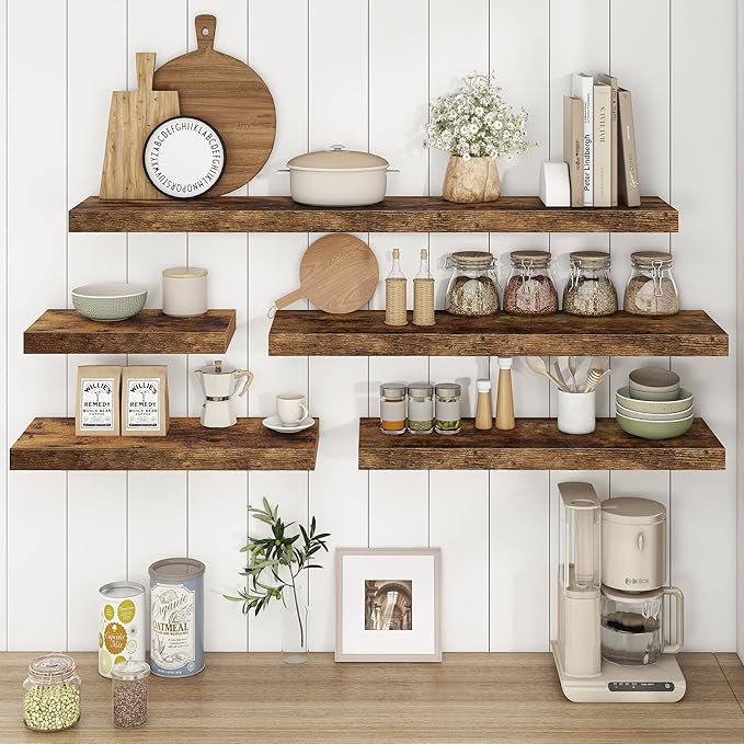 Deep Floating Shelves - 16" W x 9" D x 1.6" H Rustic Brown Wall Shelf - Wall Mounted Shelves for Decor & Storage - Wooden Shelves with Invisible Brackets for Living Room, Kitchen - Set of 2