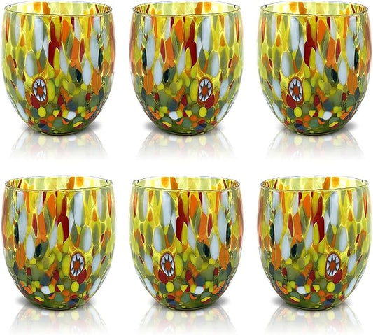 MAZZEGA ART & DESIGN - Set of 6 Handcrafted Blown Glass Water Glasses with Refined and Original Murano Murrine - The Colors of Murano - 'Classic 9,8 oz' Model. Made in Italy (6, Green)