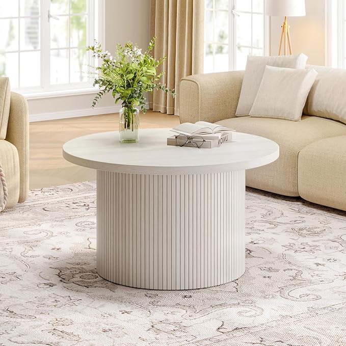 ONBRILL 31.5" Round Coffee Table, Tambour Design Coffee Tables for Living Room, Mid Century Modern Wood Coffee Table, Drum Accent Small Center Table, Natural White