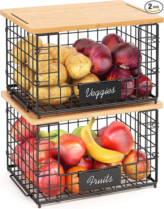 2 Pack Stackable Wire Baskets with Bamboo Top for Pantry Organizers and Storage, XXL Kitchen Organization Counter Basket for Fruit, Vegetable, Produce, Bread, Potato and Onion Storage Bins
