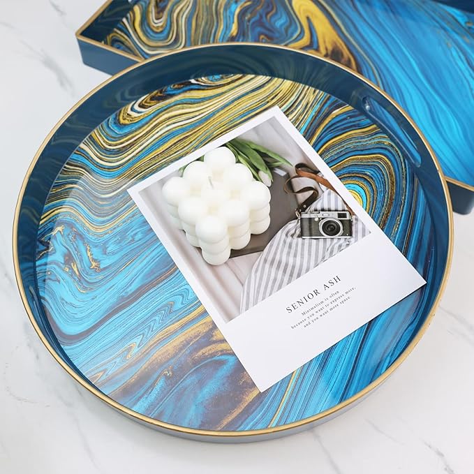 Spsyrine Round Decorative Tray, 13" Plastic Marble Serving Tray with Handles for Breakfast, Ottoman, Coffee Table, Bathroom, Kitchen, Living Room