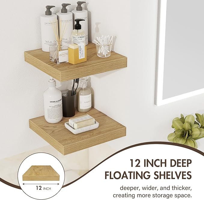 12 Inch Floating Shelves, 12" Deep Floating Shelf Wall Mounted, 12" Wall Shelves, Rustic Deep Bookshelf, Extra Deeper Display Shelves & Storage Shelves for Bedroom, Living Room, Set of 3