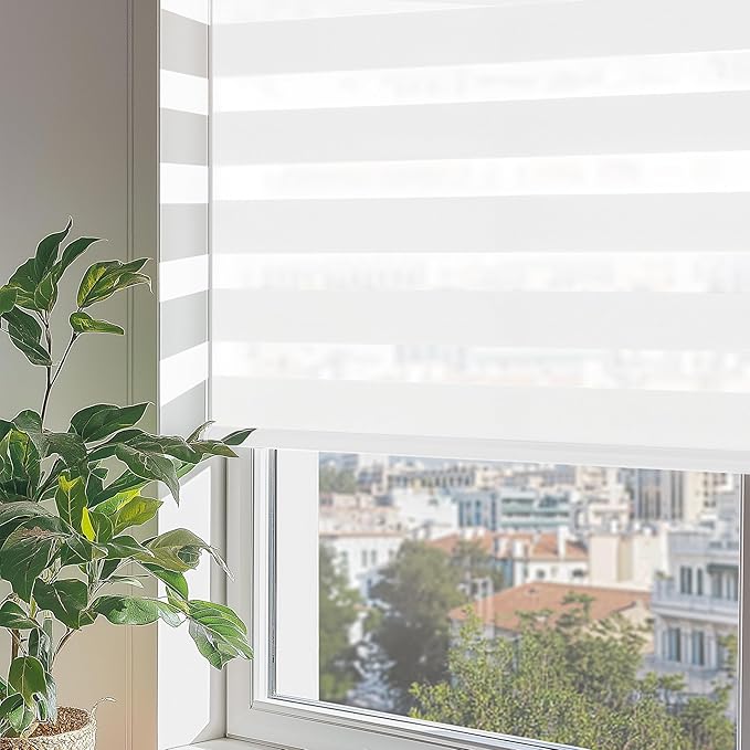 ChrisDowa Cordless Zebra Blinds for Windows, Dual Layer Free-Stop Light Filtering Window Roller Shades, Pull Down Privacy Zebra Shades for Home, Office, Bedroom, Door (23" W x 72" H, White)