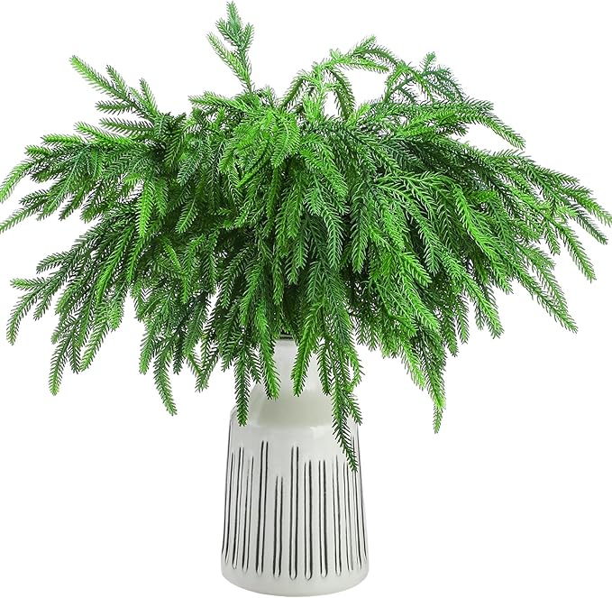 Jutom 100 Pcs 18 Inch Christmas Norfolk Pine Branches, Lifelike Bendable Non-Shedding Greenery Stems Faux Pine Picks for Christmas Mantel Centerpiece Garland Wreath and Holiday Decor