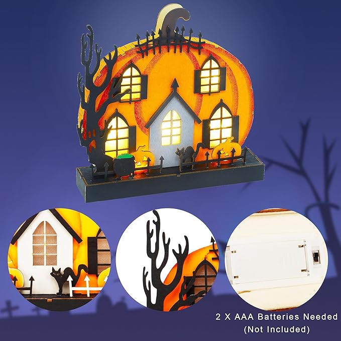 Lulu Home Halloween Tabletop Decoration, Wooden Lighted Pumpkin House Decoration Ornaments, Battery Operated Halloween Sign Indoor Fireplace Desk Kitchen Table Ornament, 9 x 9 x 2.1 INCH