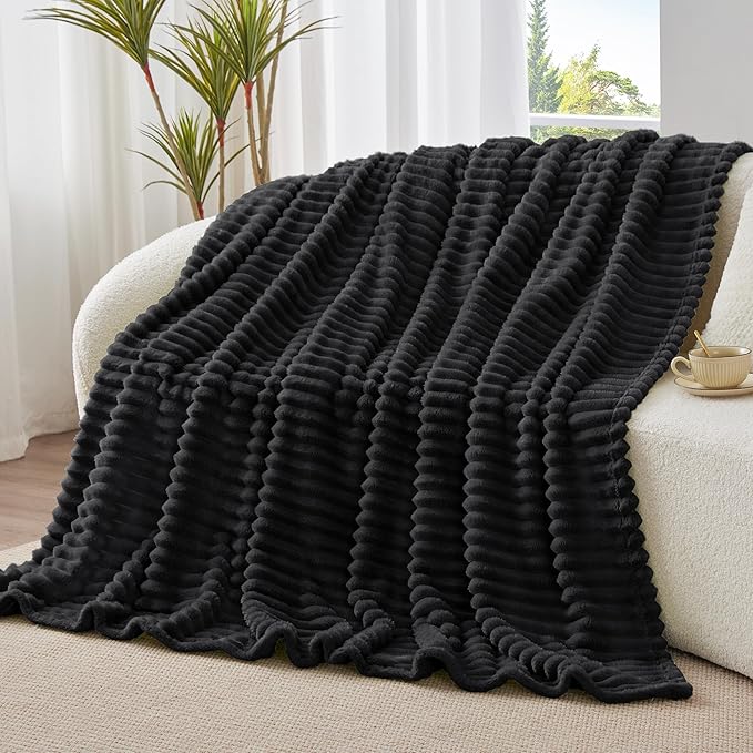 BEDELITE Fleece Throw Blanket for Couch - 300GSM Soft & Warm Fluffy Black Blanket, Decorative and Giftable Striped Blankets for Women, Men, 50"x60"