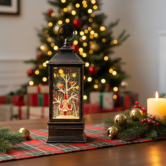Christmas Snow Globe Lantern Water Glittering Cardinal & Church with Music & Timer, USB Lined/Battery Operated Lighted Lantern for Christmas Festival Decoration Gifts