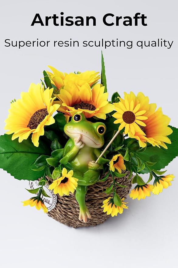 Frog Figurine, Whimsical Hand-Painted Resin Frog Statue with Flower and Flag, Shelf Decor for Living Room Desk Office, Charming Funny Frog Garden Decor, Frog Birthday Gift for Women