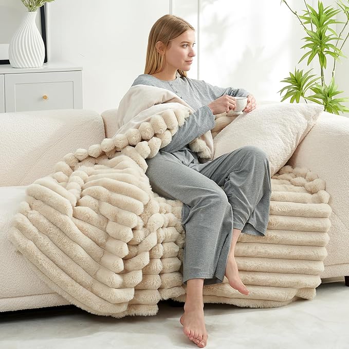 Cozy Bliss Faux Fur Throw Blanket for Couch, Cozy Warm Plush Striped Blanket for Sofa Bedroom Living Room, 60 * 80 Inches Beige
