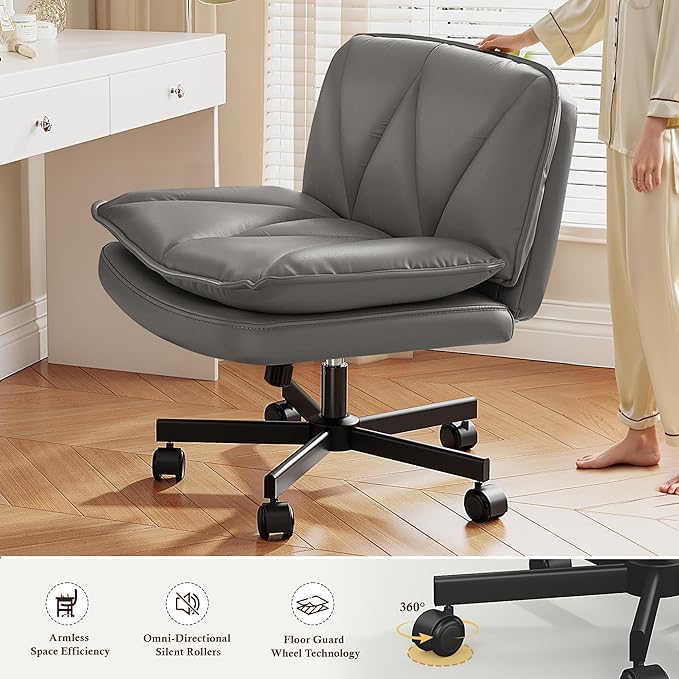 Armless Criss Cross Chair with Wheels, Leather Cross Legged Office Chair with 2-Layer Cushion,Swivel Modern Home Office Desk Chair 25.5" Wide Seat Height Adjustable for Craft Room,Vanity,Grey