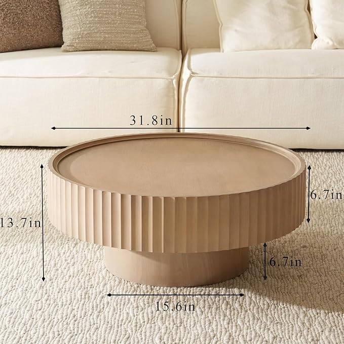 Round Coffee Table, Modern Living Room Tables with Mushroom Shape and Grooved Design, Large Coffee Tables, Circle Pinewood Center Table for Living Room, Apartment (Gray, 31.8''L×13.7''H)