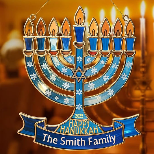 Personalized Hanukkah Suncatchers for Windows - Menorah Shape Ornament, Hanukkah Ornaments for Tree, Merry Chrismukkah Jewish and Christian, House Warming Gifts for Family
