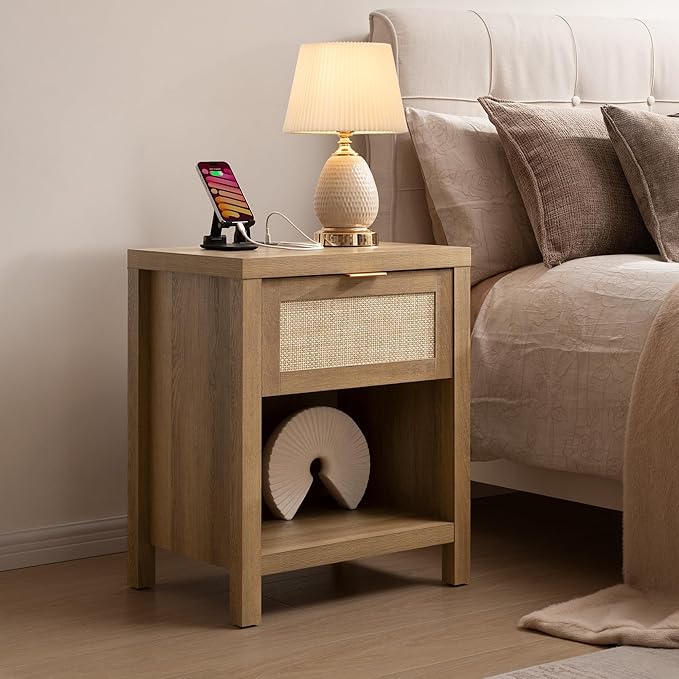 SICOTAS Rattan Nightstand - Farmhouse Night Stand with Drawer and Storage Shelf - Boho Bedside Table - End Side Table for Bedroom,Oak