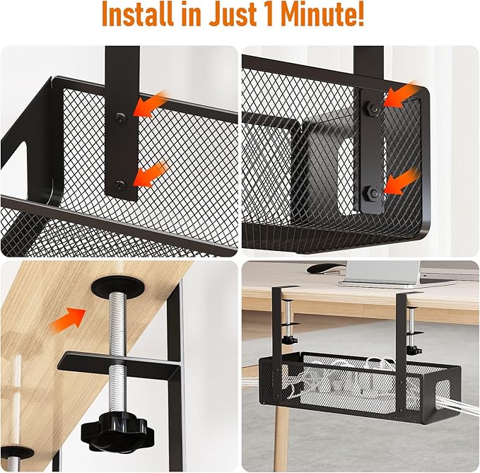 DELAMU Under Desk Cable Management Tray - Cable Management Tray No Drill with F-Clamp Design, Metal Mesh Cord Organizer, Sturdy Wire Organizers for Cords for Home Office Standing Desk, Black