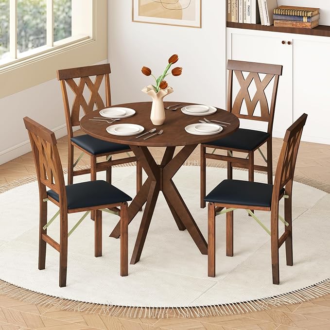 GOFLAME Folding Dining Chairs Set of 4, Foldable Kitchen Chairs with PVC Leather Padded Seat and Rubber Wood Frame, Elegant Hollowed Backrest, Wooden Dinner Chair Set for Dining Room, Walnut