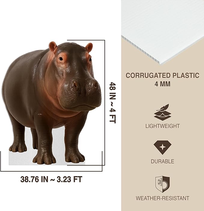 Hippo Life Size Standee - 4FT Freestanding Coroplast Cutouts | Safari Animal Standup Photo Booths, Jungle Party, Birthday & Halloween Decorations
