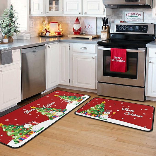 Christmas Kitchen Rug Set (2 PCS), Merry Christmas Snowman Indoor Kitchen Mat for Winter, Xmas Door Mat Runner Rug Mat for Kitchen Home Decor (17"x47"+17"x30",Snowman)