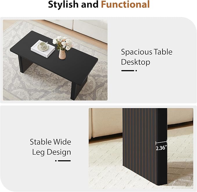 AVZEAR 43Inch Fluted Wooden Coffee Table for Living Room, Mid Century Modern Coffee Table with Sturdy Fluted Legs & Rounded Corner, Curved Rectangle Center Table for Home, Office, Cafe, Black