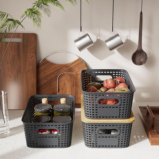 Small Storage Bins with Bamboo Lid, Plastic Storage Box with Lid, 5QT Stackable Organizing Basket with Lable, Storage Container for Classroom, Office, Closet, Shelf Organization, 10x7x4 In-Grey-6 Pcs