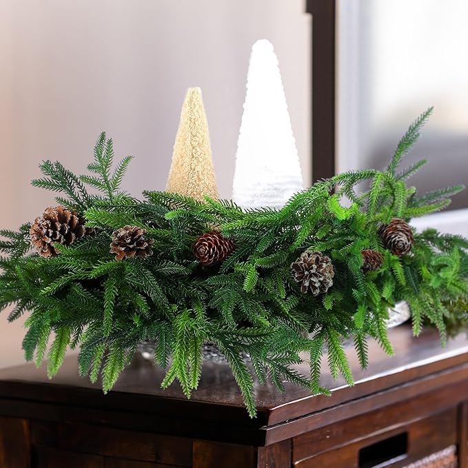 Jutom 6 Pcs 18 Inch Christmas Norfolk Pine Branches, Lifelike Bendable Non-Shedding Greenery Stems Faux Pine Picks for Christmas Mantel Centerpiece Garland Wreath and Holiday Decor