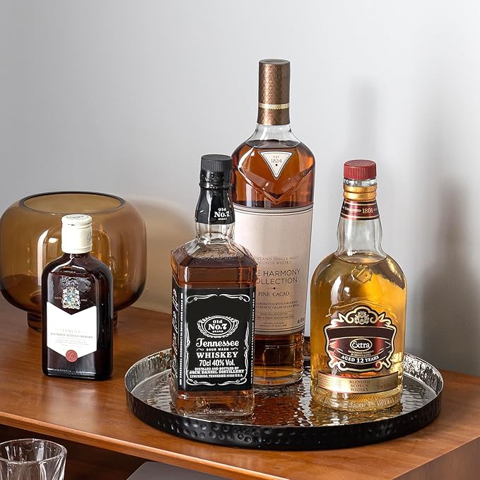 MyGift 12 Inch Round Decorative Platter, Silver Tone Plated Hammered Aluminum with Matte Black Accent Serving Plate, Centerpiece Base or Vanity Tray - Handcrafted in India