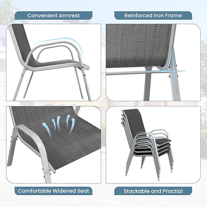 Amopatio Patio Chairs Set of 6, Stackable Outdoor Dining Chairs for All Weather, Silver Outdoor Chair Garden Furniture for Backyard Deck, Grey