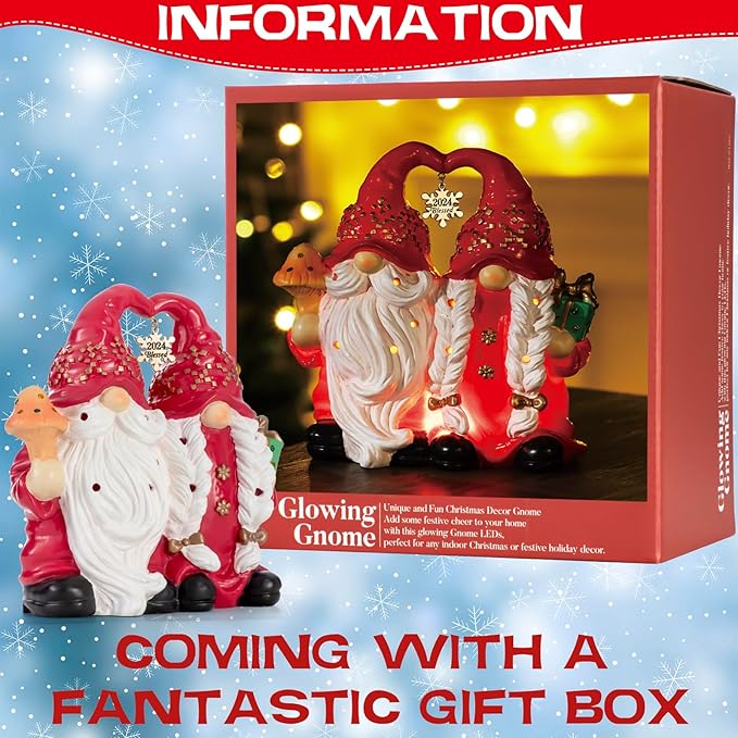 Christmas Decor Snowman Figurines Resin Lighted Indoor Ornaments Holiday Tree Festive Decorations Light Up New Year Gift Decoration for Table (Gnome Couple)