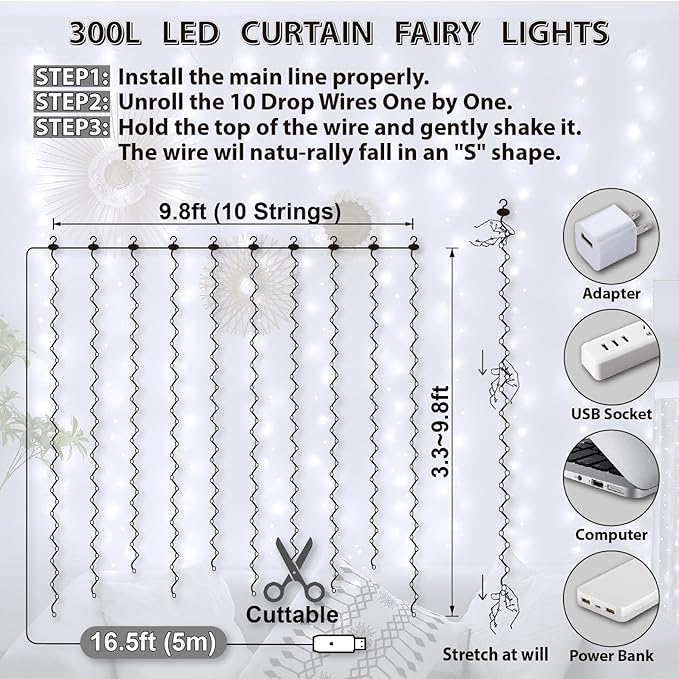 HXWEIYE 300LED Fairy Curtain Light (Upgrade Two Kinds of Light Clips) with Remote 8 Modes Times，9.8x9.8Ft White USB Plug-in Christmas Hanging String Light for Bedroom, Parties, Walls, Windows