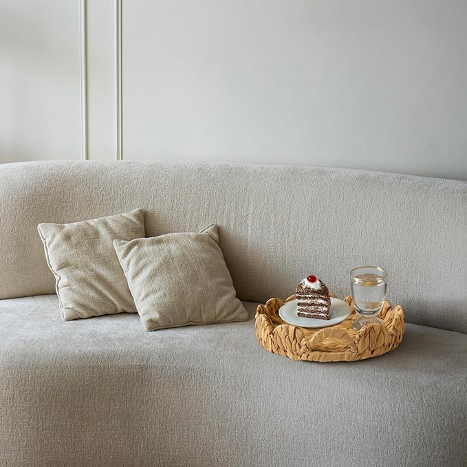 KOKODO Set of 2 Scalloped Round Wicker Tray – Handwoven Water Hyacinth Storage Baskets with Handles for Organizing, Bathroom, Living Room & Shelf Décor – Decorative Rattan Organizing Tray