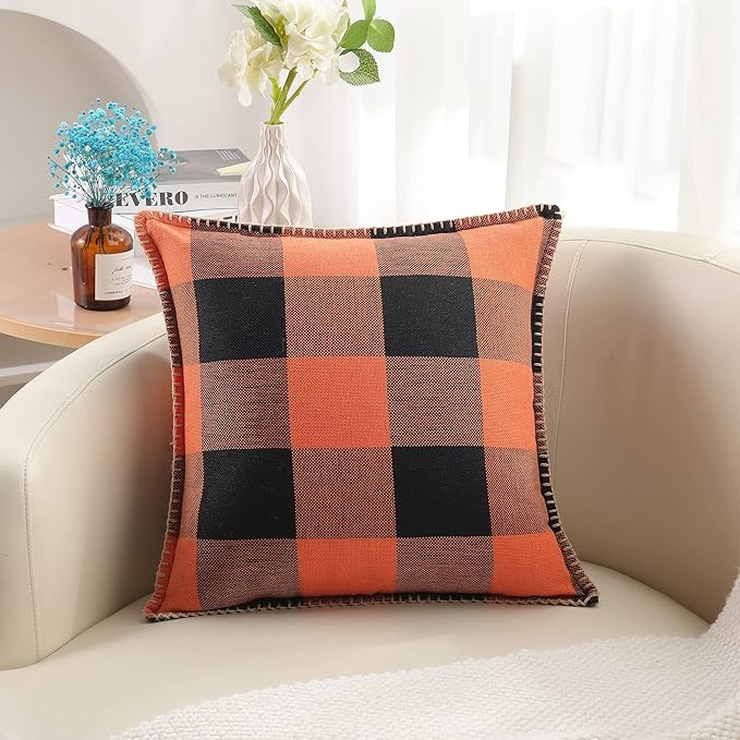 decorUhome Farmhouse Gingham Buffalo Plaid Check Throw Pillow Covers 22x22 Set of 2, Outdoor Fall Linen Decorative Pillow Covers with Stitched Edge for Bed Couch Sofa, Orange and Black