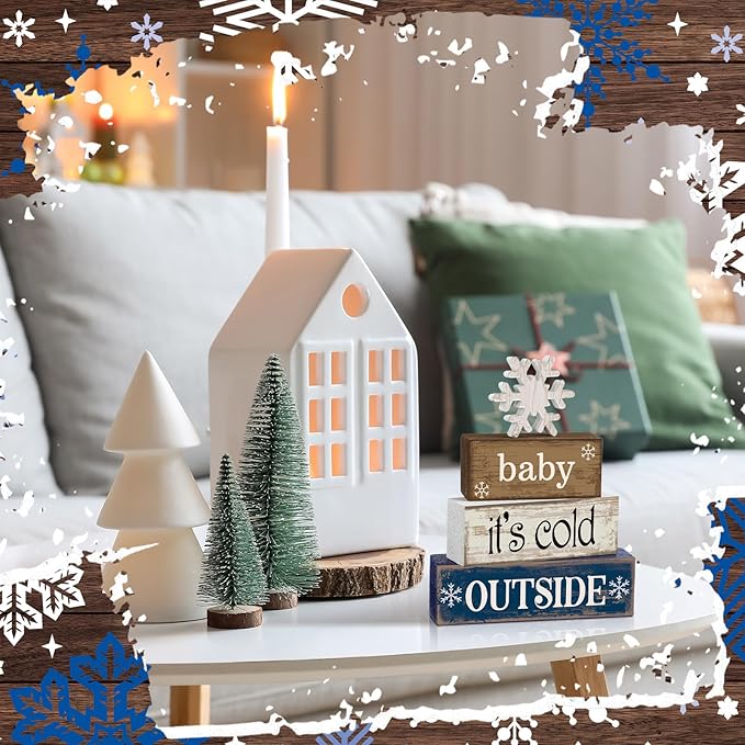 4 Pcs Winter Wooden Tabletop Decor Snowflake Tiered Tray Decor Winter Centerpiece Rustic Snow Block Signs Farmhouse Table Shelf Decoration for Home Office Party