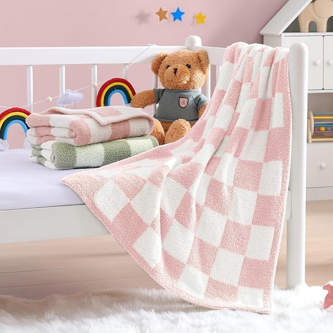 WRENSONGE Checkered Throw Blanket, Pink Microfiber Soft Cozy Fluffy Warm Hand Made Throw Blankets for Couch, Sofa, Chair, Bed, Camping, Picnic, Travel Lightweight Bed Blanket - 30"*40"